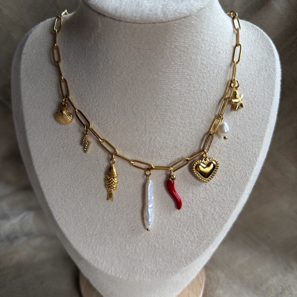 OSHENA Gold Charm Necklace with Beach Inspired Charms and Fresh Water Pearl